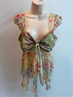 Vintage Style Green Floral Tie-Front Sheer Camisole Asymmetric Sleeveless